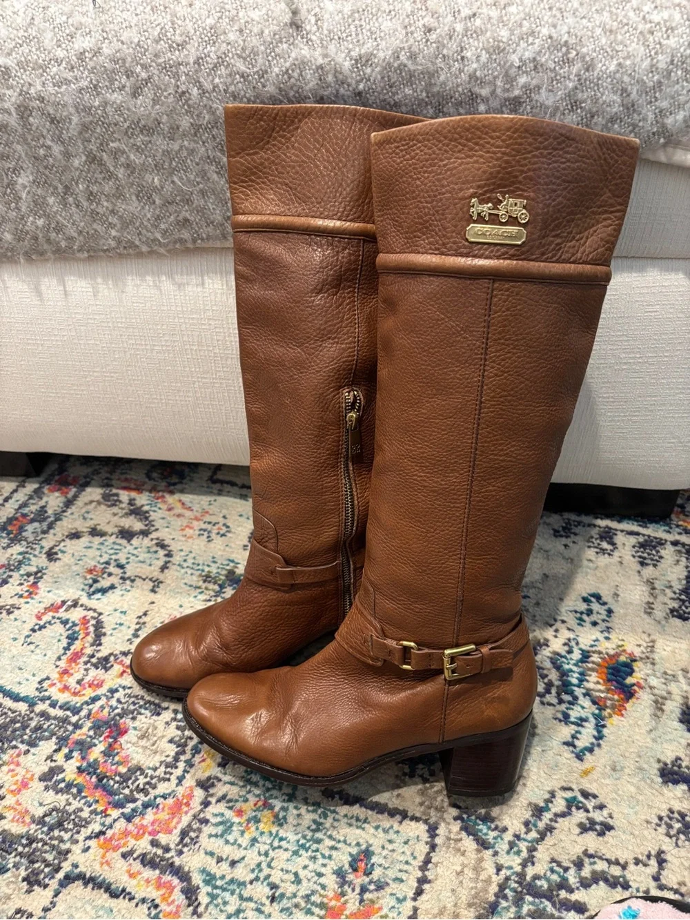 Coach Sapphire Chestnut Brown Leather Knee Boots with Gold Hardware. Size 9B